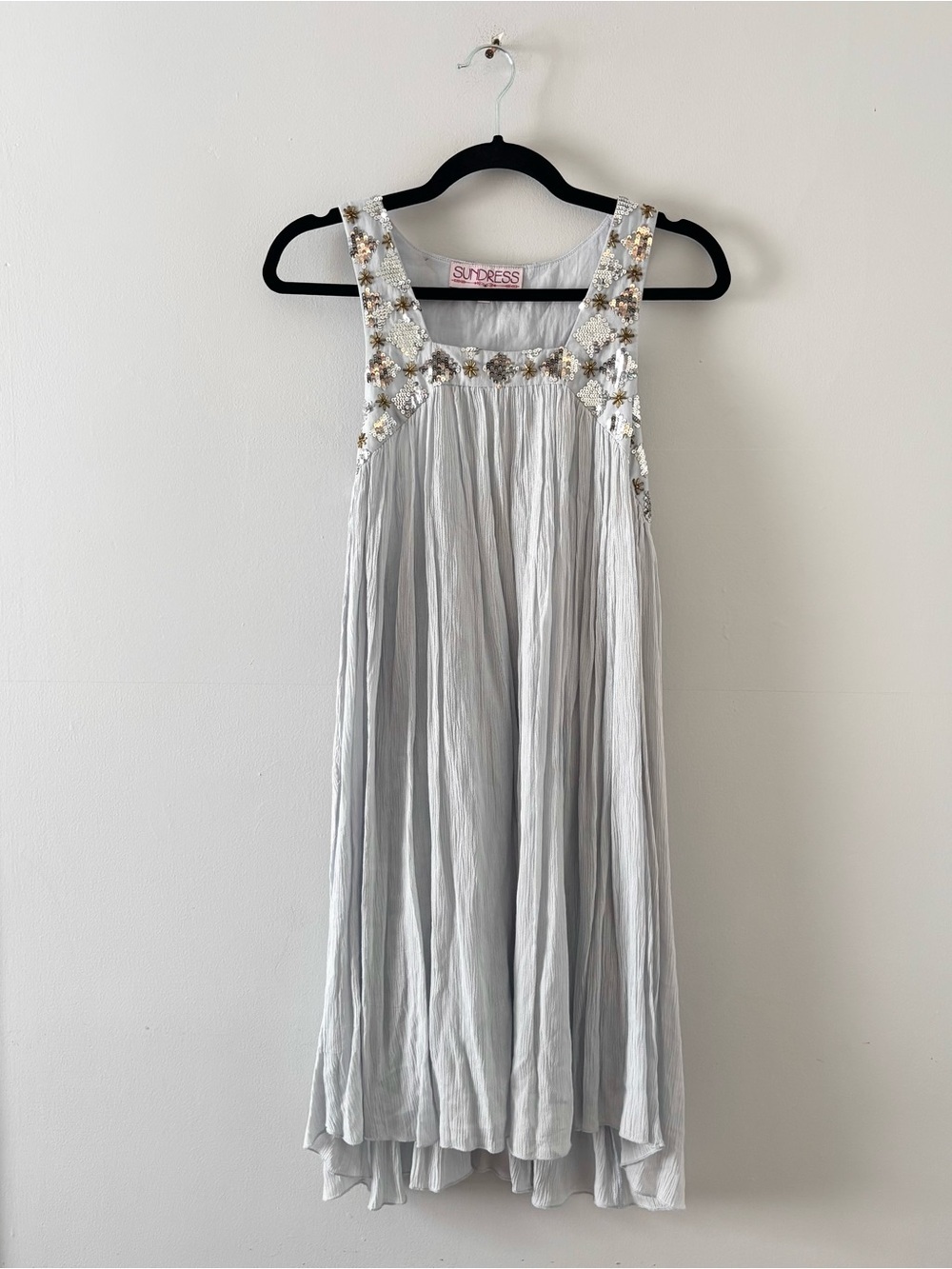 SUNDRESS Sequin Embellished Mini Dress  Pleated Sleeveless Square Neck Revolve